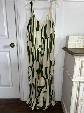 Kaktus Cream and Green Abstract Print Maxi Wide Leg Jumpsuit Women’s 1X
